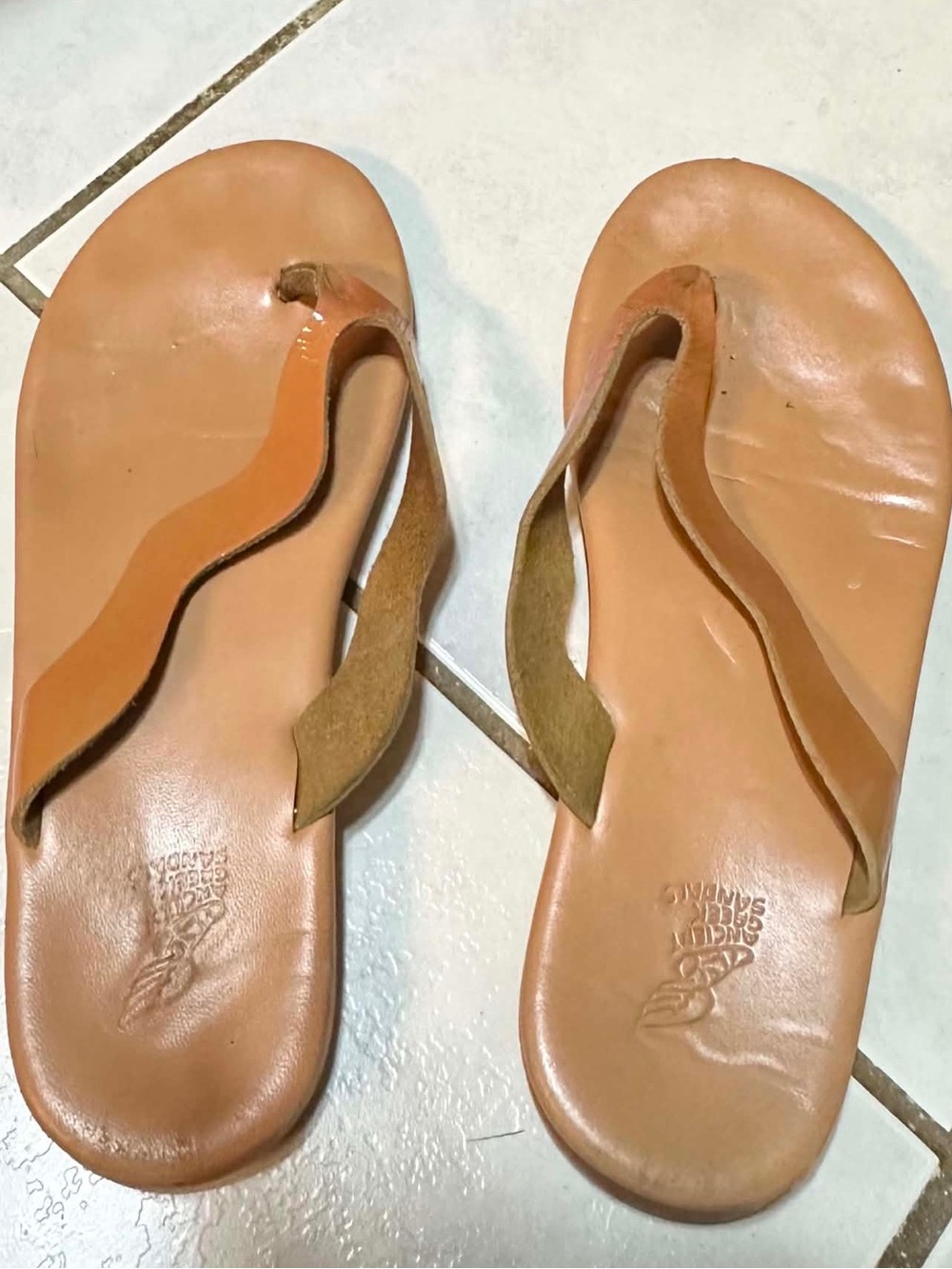 Ancient Greek Sandals Cognac Leather Wave-Strip Flip Flops